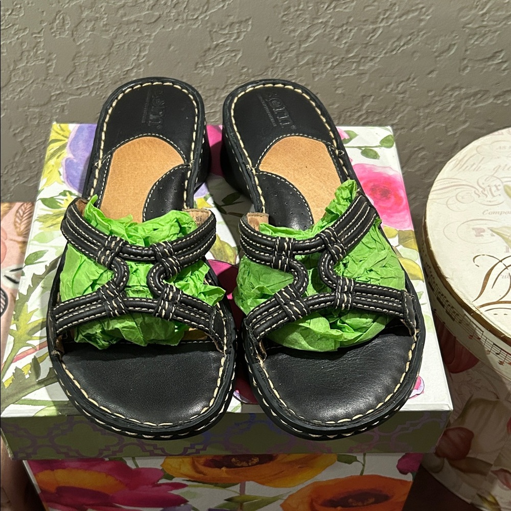 Born Black and Tan Leather Sandals